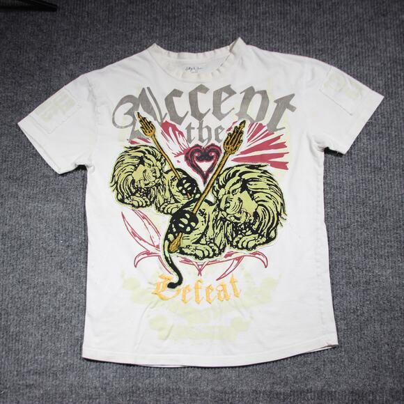 Y2K Affliction Type T Shirt Mens M White Grunge Goth Skater AOP Grunge Rare - Picture 1 of 7